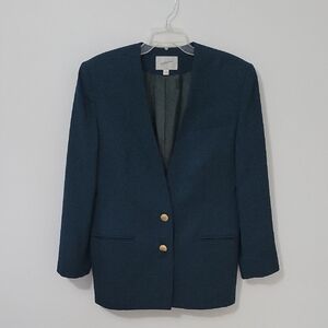 Jacqueline Ferrar Green Wool Blend Blazer with Gold Accents, Size 12